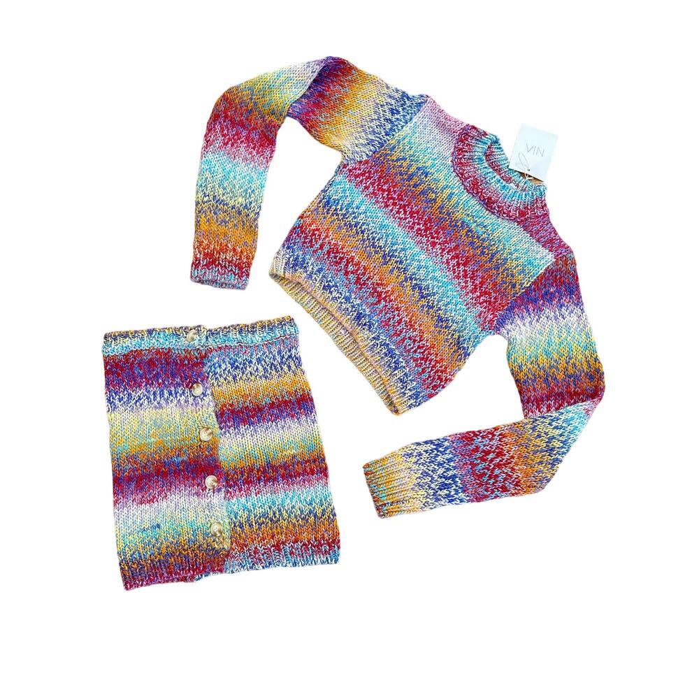 NIA - Aspen Striped Sweater and Mini Skirt in Rainbow Teal